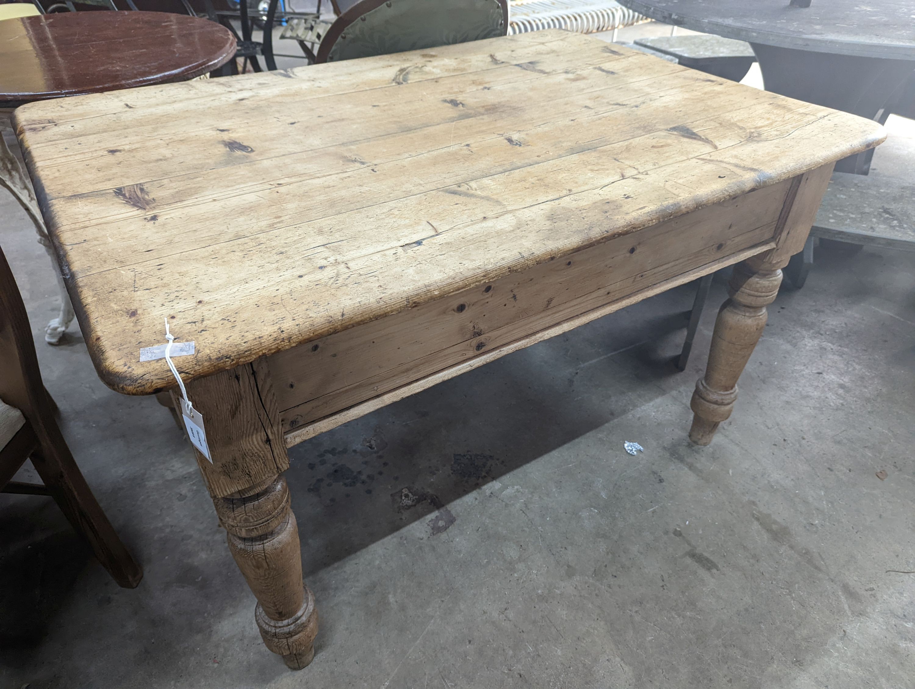 A Victorian pine kitchen table, fitted drawer, width 120cm, depth 86cm, height 74cm